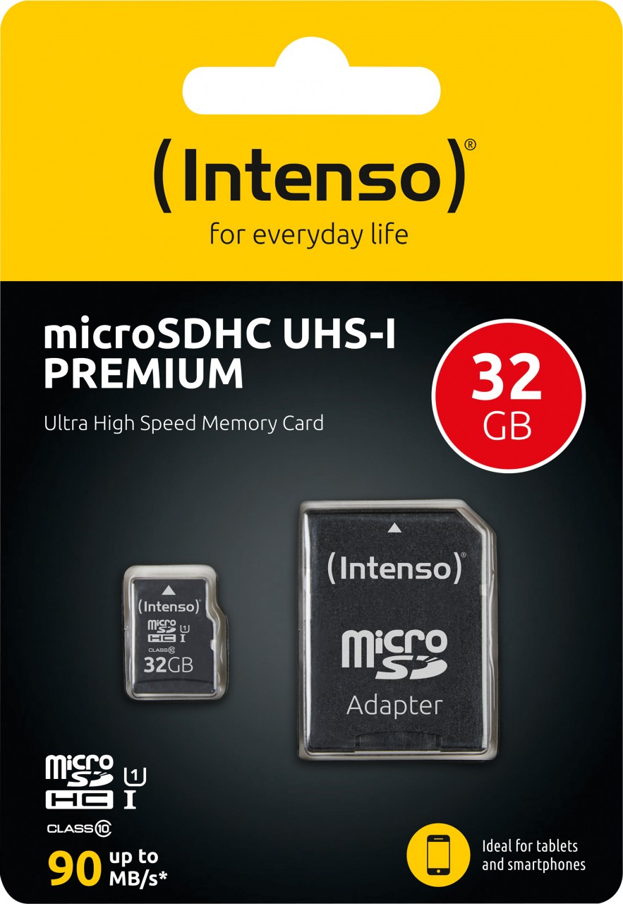 Intenso microSDHC Card 32GB, Premium, Class 10, U1 (R) 90MB/s, (W) 10MB/s, SD-Adapter, Retail-Blister von Intenso