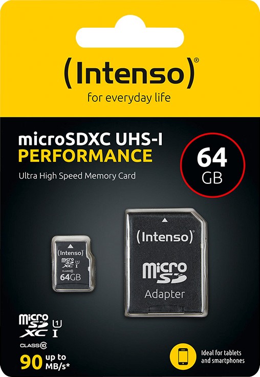 Intenso microSDXC Card 64GB, Performance, Class 10, U1 (R) 90MB/s, (W) 10MB/s, SD-Adapter, Retail-Blister von Intenso