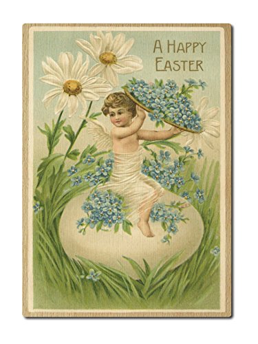 Interluxe Postkarte aus Holz A happy easter Nostalgie vintage Karte Engel auf Ei Ostern Geschenk Gruß von Interluxe