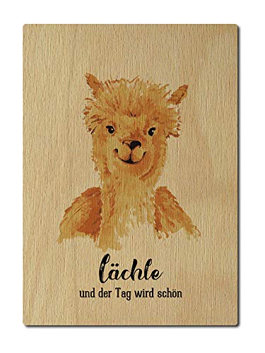 Interluxe Postkarte aus Holz Lächle und der Tag wird schön Größe 105x148mm, 4mm stark DIN A6 Lama Grußkarte Spruch von Interluxe