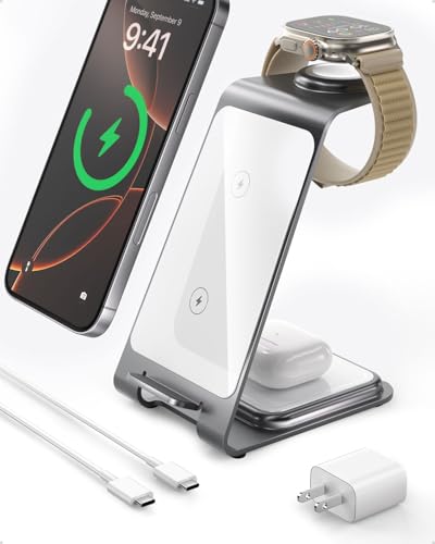 Induktive Ladestation Kompatibel mit Magsafe Ladegerät für iPhone 16 Pro/16/16 Pro Max/15 Pro/15/15 Pro Max, für Apple Watch 10/Ultra 2/SE/9/8/7/6/5/4/3/2, für AirPods 4/3/2/Pro (Silbrig) von Intoval