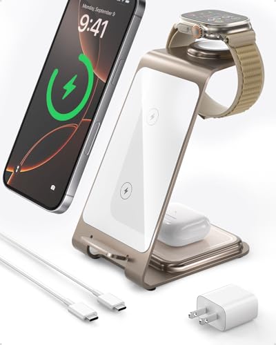Induktive Ladestation Kompatibel mit Magsafe Ladegerät für iPhone 16 Pro/16/16 Pro Max/15 Pro/15/15 Pro Max, für Apple Watch 10/Ultra 2/SE/9/8/7/6/5/4/3/2, für AirPods 4/3/2/Pro (Y93, Gold) von Intoval