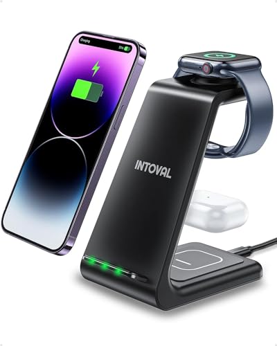 Intoval Wireless Charging Station, 3-in-1 Ladegerät für Apple iPhone/iWatch/Airpods, iPhone 14, 13, 12, 11 (Pro, Pro Max)/XS/XR/XS, iWatch 8/Ultra/7/6/SE/5/4/3/2,Earphone Pro/3gen (A3, Schwarz) von Intoval