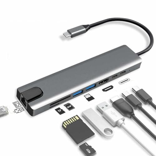 Inventix 【Konnektivitäts-Hub】8-in-1-USB-C-Adapter mit HD, RJ45-Gigabit-Ethernet, USB 3.0-Hub, Kartenleser und PD-Ladung von Inventix