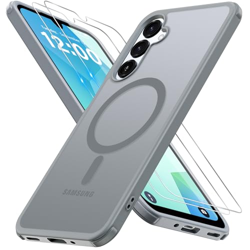 Iokmax für Samsung Galaxy A16 Hülle, Magnetisch Samsung A16 4G/5G Handyhülle mit 2 Stück Schutzfolie Stoßfest Kratzfest Zertifizierte Militärschutz Dünn Schutzhülle Matt urchscheinende Case,Grau von Iokmax
