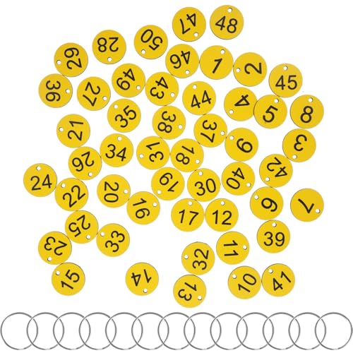 Ipetboom 50 Sätze Nummernschild Zahlenaufkleber Schlüsselanhänger mit Etiketten Gepäckanhänger ID-Tags mit Ringen Runde Zahlen -Tags ID-Nummern-Tags Schlüsseletiketten mit Ring Acryl Gelb von Ipetboom