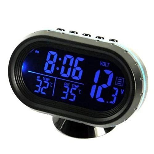 Digitales Auto-Thermometer, Voltmeter, DC 12 – 24 V, 4 in 1 Uhr für Auto, Thermometer für Innen- und Außenbereich, digitales Display, LCD-Uhr (Blau) von Iriisy