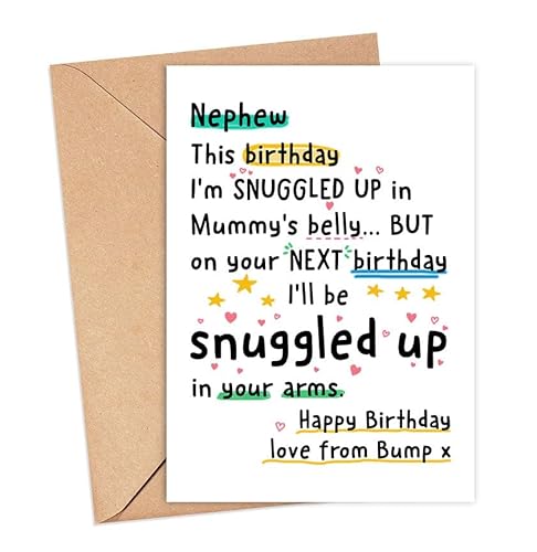 IrmaShops Geburtstagskarte für Neffen mit Aufschrift "Love From The Bump", Aufschrift "Next Birthday I'll Be Snuggled Up In Your Arms", für den zukünftigen Neffen, Geburtstagskarte von The Bump IrmaShops Geburtstagskarte für Neffen mit Aufschrift "Love From The Bump", Aufschrift "Next Birthday I'll Be Snuggled Up In Your Arms", für den zukünftigen Neffen, Geburtstagskarte von The Bump von IrmaShops