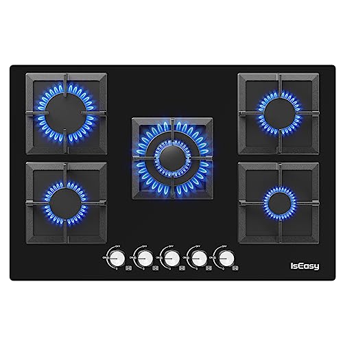 Gaskochfeld 5 Flammig, IsEasy Glas Gaskochfeld mit Automatischer Thermoelementschutz, Einbau 5 Zonen Glas Gaskochfeld, Erdgas(20mbr)/Propangas(30/50 mbr), Schwarz Glasherd, 77cm, 10.5KW von IsEasy