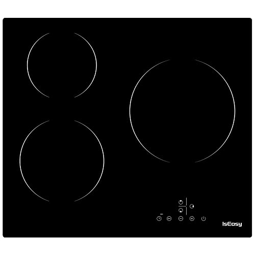 Glaskeramikkochfeld, IsEasy Glaskeramik-Kochfeld,5500W, 59cm, 3 Kochzonen, Einbau Keramikkochfeld, Verdrahtung, 9 Heizstufen, Berührungssteuerung, Automatische Abschaltung von IsEasy