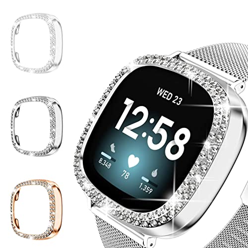 Issinlky [3 Pack] Glitzer Diamant Fitbit Versa 3 / Sense Abdeckung, 3 harte PC Stoßstange Gehäuse kratzfest Bling Kristall Frauen Mädchen Schutzhülle für Fitbit Versa 3 / Sense von Issinlky