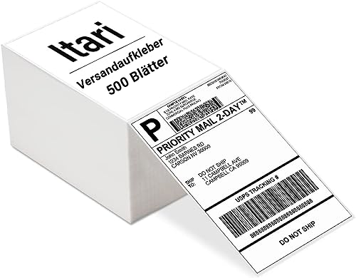 Itari 4×6 Versandetiketten - Etiketten selbstklebend(100mm x 150mm), Thermopapier mit Perforation für Etikettendrucker, Kompatibel mit Etsy, Shopify, eBay, FedEx, UPS, DHL, 500 Etiketten, Weiß von Itari