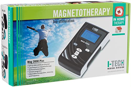 I-Tech MAG 2000 Plus für Heim- und professionelle Magnetotherapie, 2 Kanäle zu je 200 Gauß, 35 Programme, bis zu 10 Benutzerspeicher, Gummiband mit 3 Magneten, Magnetpaar, Beutel von Itech