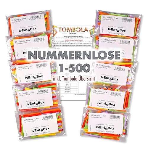 Tombola - Regenbogenlose Gewinn-Nummern 1-500, 10 x 50 Stück, bunt gemischt von IvEnt.Box