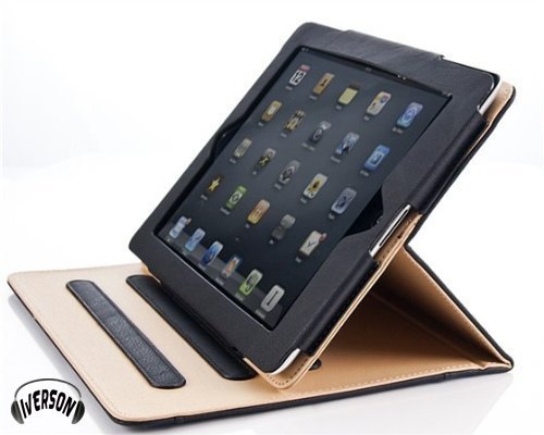 Ausverkauf! Schwarze Iverson & tan iPad 4 Leder Schutzetui für iPad 2 und iPad 3 mit gratis Displayschutzfolie und Reinigungstuch. von Iverson