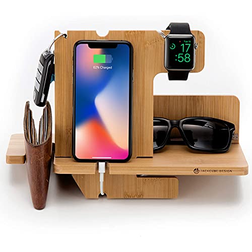 JackCubeDesign iPhone & Apple Watch Aufladestation Ständer aus Bambus zum Aufladen diverser Geräte, Smartphone-, Uhren-, Geldbörsen- und Sonnebrillen-Halter (28,5 x 14 x 20 cm) - :MK242A von J JACKCUBE DESIGN
