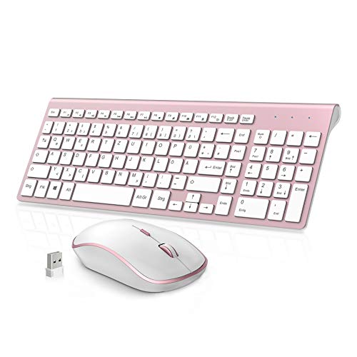 J JOYACCESS Tastatur Und Maus Set Kabellos, USB 2.4GHZ Ultra Dünn Fortgeschrittene Tastatur Maus Kabellos Combo QWERTZ Layout, für PC/Computer/Laptop/TV/Notebook/Mac (Deutsch Layout) - Roségold von J JOYACCESS