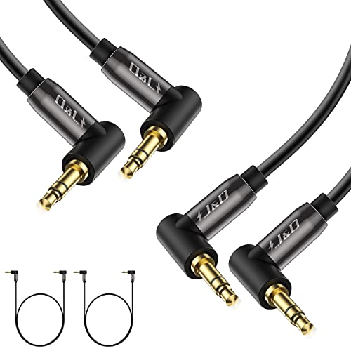 J&D 2-Pack Goldbeschichtet 3,5mm Stereo Audio Aux Kabel 90° Rechter Winkel Kompatibel für iPhone, Lautsprecher und alle andere Geräte, 0.9 M von J&D