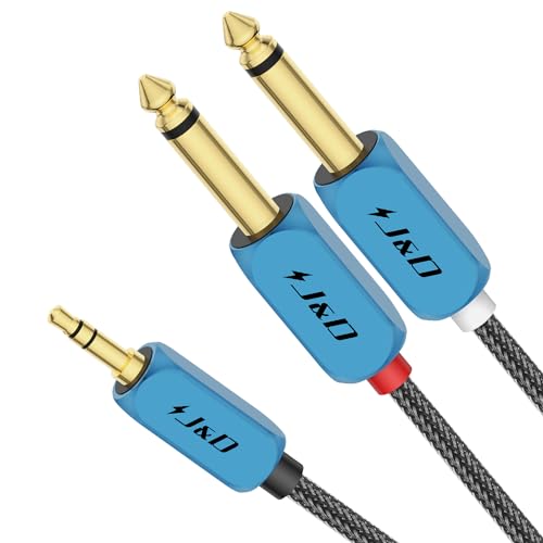 J&D 3,5mm auf Dual 6,35mm Y-Kabel-Splitter, 1/8 Zoll TRS-Stecker auf Dual 1/4 Zoll TS-Stecker Mono-Stereokabel für Verstärker/Mixer/Audiorecorder, mit Nylongeflecht und Vergoldeter Kupferhülle von J&D