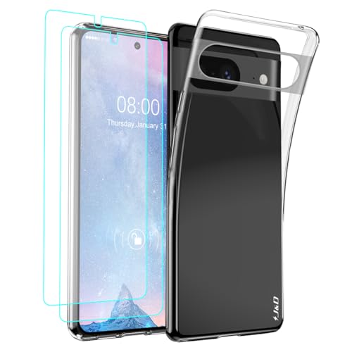 J&D Kompatibel für Pixel 8 Hülle, Kristallklar Anti-Gelb Schutzhülle mit (2er Pack) Displayschutzfolie, Anti-Schock TPU Bumper Case for Google Pixel 8, Transparent von J&D