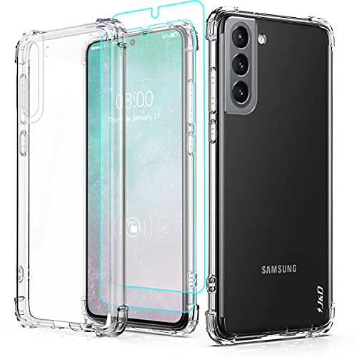 J&D Kompatibel für Samsung Galaxy S21 FE Hülle, Kristallklar Stoßdämpfend Handyhülle mit (2er Pack) Displayschutzfolie, Anti-Gelb TPU Bumper Case for Galaxy S21 FE, Nicht für Galaxy S21 von J&D