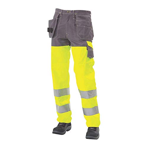 J.A.K. 1110086080 Serie 11100 70% Polyester/30% Baumwolle Bundhose mit Hängetaschen, EN 20471, Klasse 2, Gelb/Grau, 46 R (32/32) Größe von J.A.K.