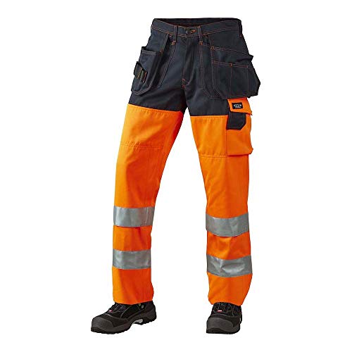 J.A.K. 1110088080 Serie 11100 70% Polyester/30% Baumwolle Bundhose mit Hängetaschen, EN 20471, Klasse 2, Orange/Marine, 46 R (32/32) Größe von J.A.K.