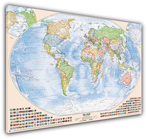 J.Bauer Karten Politische Weltkarte, gedruckt auf Leinwand und fertig aufgespannt auf einen Holzkeilrahmen, Größe 120 x 80 cm, Stand 2022, komplett auf Deutsch von J.Bauer Karten