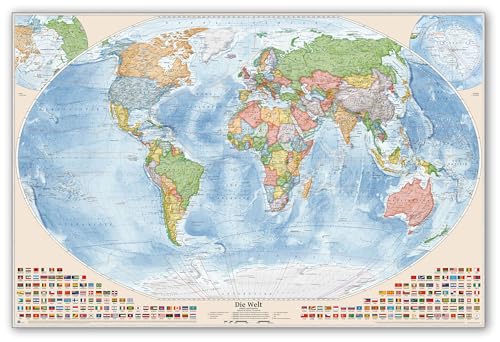 J.Bauer Karten Politische Weltkarte im silbernen Alurahmen, Pinnwand, 120 x 80 cm, Stand der Weltkarte 2023, matte Laminierung von J.Bauer Karten