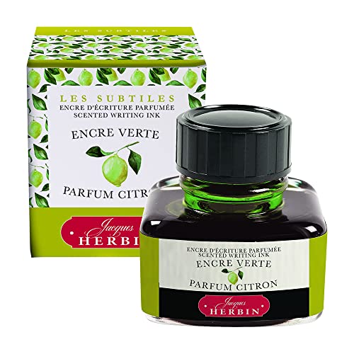 Herbin 13736T - Tintenflakon, parfümiert, ''Les subtiles'', ideal für Schreibfeder und Roller, 30 ml, 1 Stück, Grün mit Zitronenduft von J.Herbin