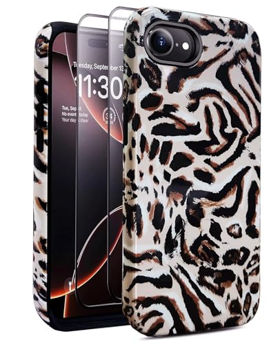 J.west Cheetah Schutzhülle für iPhone 16E, 15,5 cm (6,1 Zoll), mit 2 Displayschutzfolien aus gehärtetem Glas, Leoparden-Hybrid-Schutzhülle für Mädchen und Damen, ästhetische Schutzhüllen von J.west