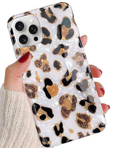 J.west Hülle Kompatibel mit iPhone 15 Pro Max 6.7, Luxus Sparkle Glitter Weich Klar Pearly Thinfoil Design Tier Leopard Print Vintage Gepard Silikon Schutzhülle für Mädchen Weiß von J.west