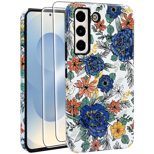 J.west Kompatibel mit Samsung Galaxy S21 Hülle 6,2 Zoll (6,2 Zoll), mit 2 Displayschutzfolien aus gehärtetem Glas, niedliches Vintage-Blumenmuster, Hybrid-Schutzhülle für Mädchen und Frauen, blaue von J.west