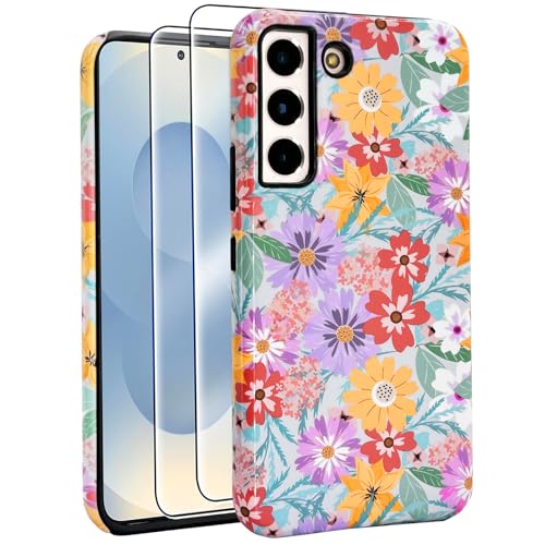 J.west Kompatibel mit Samsung Galaxy S21 Hülle 6,2 Zoll (6,2 Zoll), mit 2 Displayschutzfolien aus gehärtetem Glas, süßes Blumenmuster, Hybrid-Schutzhülle für Mädchen und Frauen, ästhetische von J.west