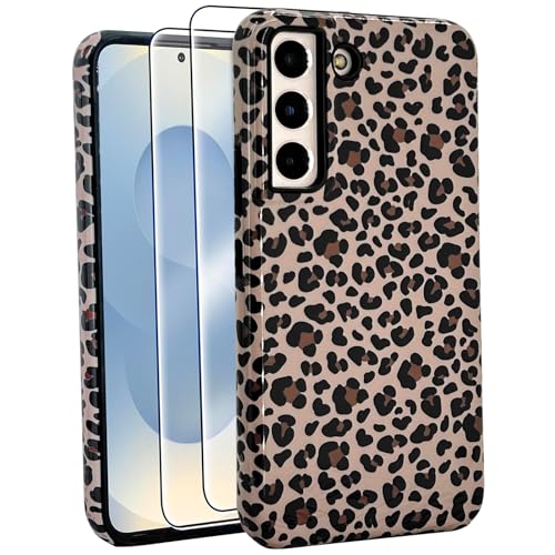 J.west Kompatibel mit Samsung Galaxy S22 Plus Hülle 16,8 cm (6,6 Zoll), mit 2 Displayschutzfolien aus gehärtetem Glas, süßes Tier-Leoparden-Hybrid-Cover für Mädchen und Frauen, ästhetische Schutzhülle von J.west