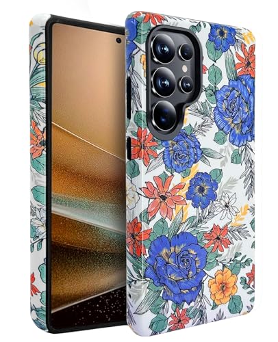 J.west Kompatibel mit Samsung Galaxy S22 Ultra Hülle 17,3 cm (6,8 Zoll), niedliche Vintage-Blumen-Hybrid-Hülle für Mädchen und Frauen, schützende Handyhüllen, blaue Rosen von J.west