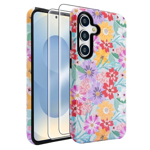 J.west Kompatibel mit Samsung Galaxy S23 Plus Hülle 16,8 cm (6,6 Zoll), mit 2 Displayschutzfolien aus gehärtetem Glas, niedliche Blumen-Hybrid-Schutzhülle für Mädchen und Frauen, niedliche Schutzhülle von J.west