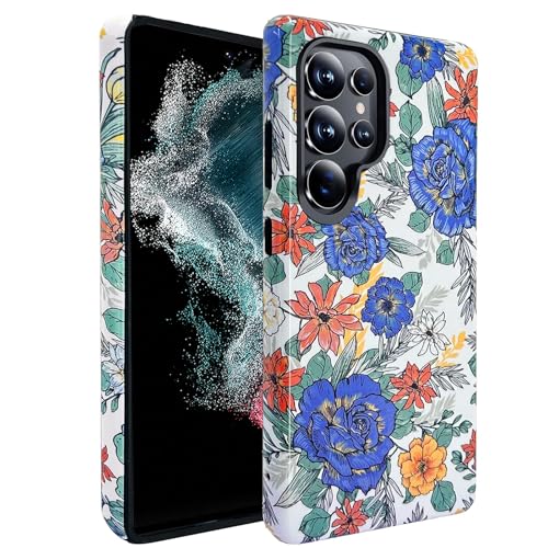 J.west Kompatibel mit Samsung Galaxy S23 Ultra Hülle 17,3 cm (6,8 Zoll), niedliche Vintage-Blumen-Hybrid-Hülle für Mädchen und Frauen, schützende Handyhüllen, blaue Rosen von J.west