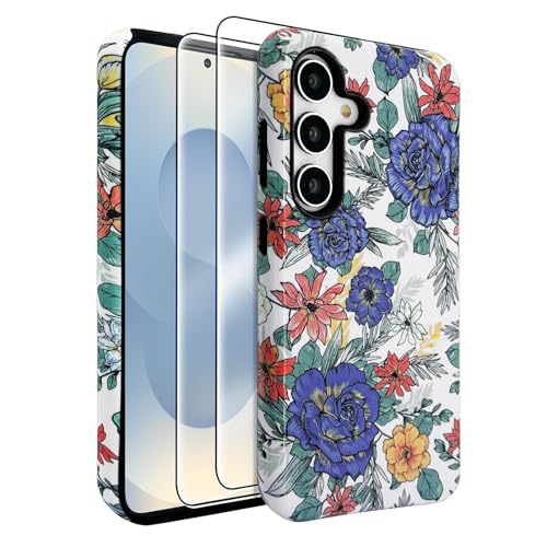 J.west Kompatibel mit Samsung Galaxy S24 Plus Hülle 6,7 Zoll (6,7 Zoll), mit 2 Displayschutzfolien aus gehärtetem Glas, niedliches Vintage-Blumenmuster, Hybrid-Schutzhülle für Mädchen und Frauen von J.west