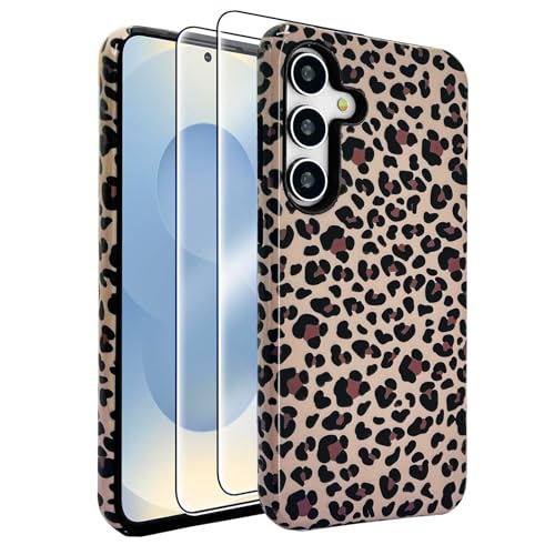 J.west Kompatibel mit Samsung Galaxy S24 Plus Hülle 6,7 Zoll (6,7 Zoll), mit 2 Displayschutzfolien aus gehärtetem Glas, süßes Tier-Leoparden-Hybrid-Cover für Mädchen und Frauen, ästhetische von J.west