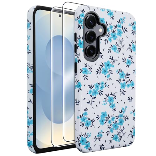 J.west Kompatibel mit Samsung Galaxy S25 Hülle 15,7 cm (6,2 Zoll), mit 2 Displayschutzfolien aus gehärtetem Glas, süßes Blumenmuster, Hybrid-Schutzhülle für Mädchen und Damen, ästhetische Schutzhülle von J.west