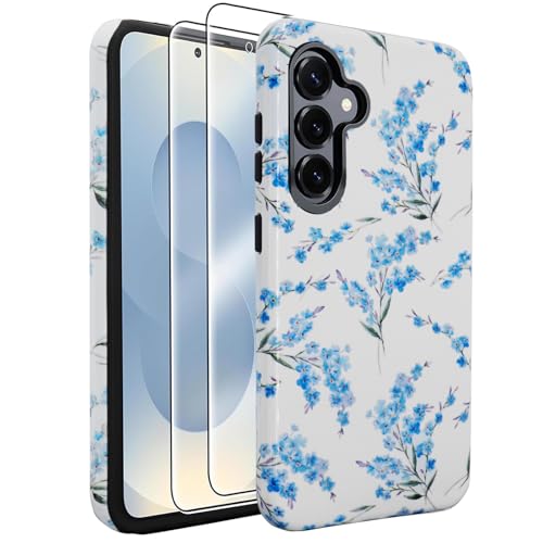 J.west Kompatibel mit Samsung Galaxy S25 Hülle 15,7 cm (6,2 Zoll), mit 2 Displayschutzfolien aus gehärtetem Glas, süßes Blumenmuster, Hybrid-Schutzhülle für Mädchen und Frauen, ästhetische Schutzhülle von J.west