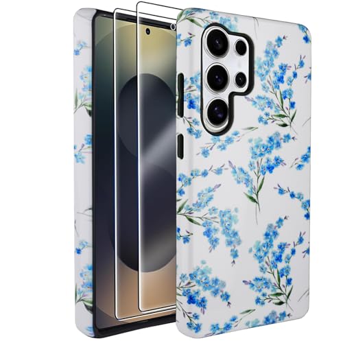 J.west Kompatibel mit Samsung Galaxy S25 Ultra Hülle 17,5 cm (6,9 Zoll), mit 2 Displayschutzfolien aus gehärtetem Glas, niedliche Blumen-Hybrid-Schutzhülle für Mädchen und Frauen, niedliche von J.west