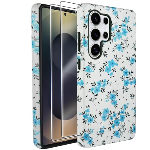 J.west Kompatibel mit Samsung Galaxy S25 Ultra Hülle 17,5 cm (6,9 Zoll), mit 2 Displayschutzfolien aus gehärtetem Glas, süßes Blumenmuster, Hybrid-Schutzhülle für Mädchen und Frauen, niedliche von J.west