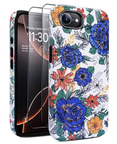 J.west Kompatibel mit iPhone 16E Hülle, 15,5 cm (6,1 Zoll), mit 2 Displayschutzfolien aus gehärtetem Glas, niedliches Vintage-Blumenmuster, Hybrid-Schutzhülle für Mädchen und Frauen, ästhetische von J.west