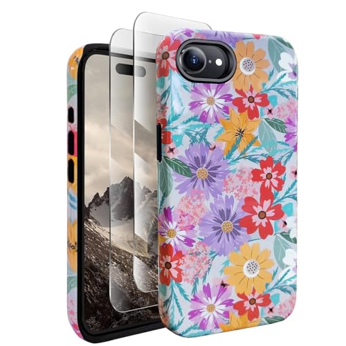 J.west Kompatibel mit iPhone 16E Hülle, 15,5 cm (6,1 Zoll), mit 2 Displayschutzfolien aus gehärtetem Glas, süßes Blumenmuster, Hybrid-Schutzhülle für Mädchen und Damen, ästhetische Schutzhülle, Rosa von J.west