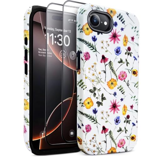 J.west Kompatibel mit iPhone 16E Hülle, 15,5 cm (6,1 Zoll), mit 2 Displayschutzfolien aus gehärtetem Glas, süßes Blumenmuster, Hybrid-Schutzhülle für Mädchen und Frauen, ästhetische Schutzhülle von J.west