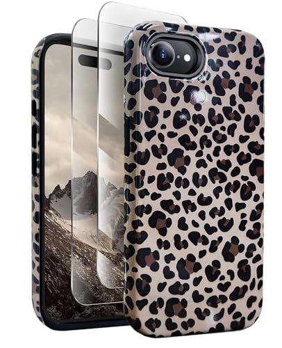 J.west Kompatibel mit iPhone 16E Hülle, 15,5 cm (6,1 Zoll), mit 2 Displayschutzfolien aus gehärtetem Glas, süßes Tier-Leoparden-Hybrid-Cover für Mädchen und Frauen, ästhetische Schutzhülle, Gepard von J.west