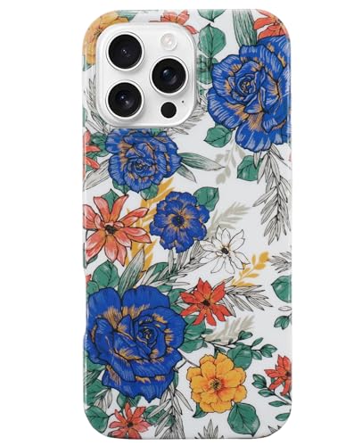 J.west Magnetische Schutzhülle für iPhone 16 Pro Max, 17,5 cm (6,9 Zoll), weich, dünn, florales Design, kompatibel mit MagSafe, ästhetische Schutzhülle, Retro-Blumen-Design, für Mädchen, blaue Rosen von J.west