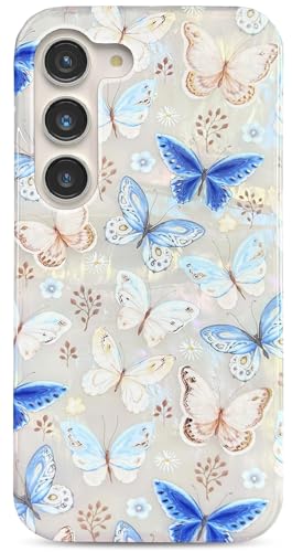 J.west Schutzhülle für Galaxy S23, 15,5 cm (6,1 Zoll), ästhetische blaue Schmetterlinge, Blumen, für Damen und Mädchen, Glitzer, Opal, Perlmutt, Dünnfolien-Design, weiches TPU-Stoßdämpfer, Schutzhülle von J.west